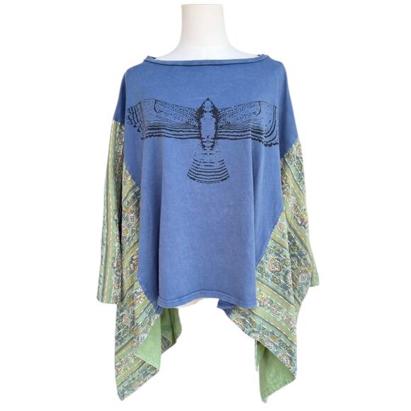 Blue Velvet L/XL Blue Bird Graphic Tee w/ Kantha Patchwork Poncho Sleeves - Picture 7 of 10